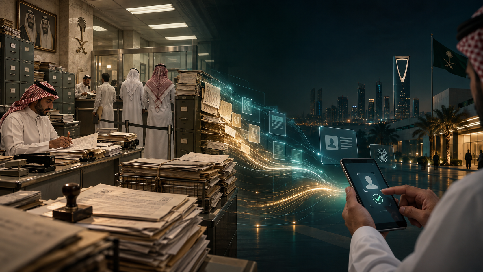 مشهد بصري يرمز إلى الانتقال من المعاملات الورقية إلى الخدمة الرقمية